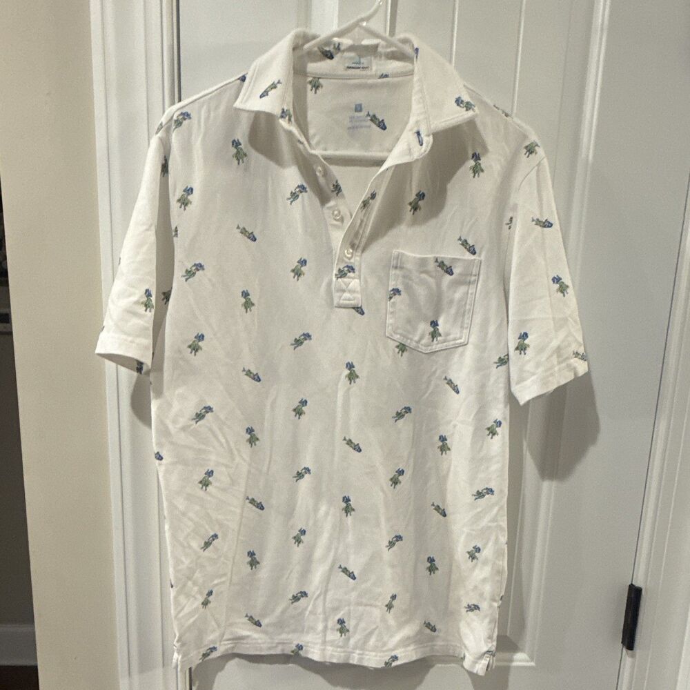 Johnnie-O Hangout Mens S White Cotton Hula Print Polo Shirt Pocket